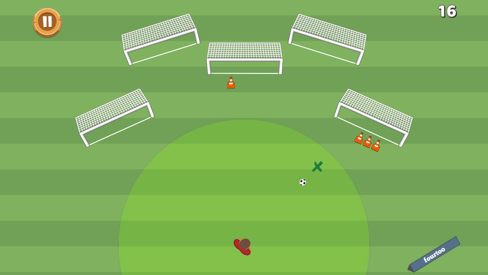 Tap-in! gameplay showing the ball at its target, ready for the player to choose a goal