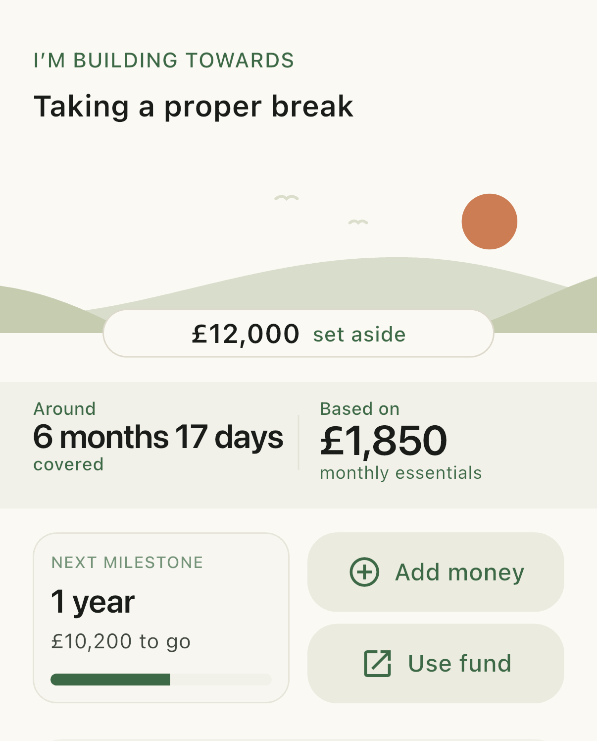 Home screen showing the purpose hero, coverage, and the next milestone with £10,200 to go